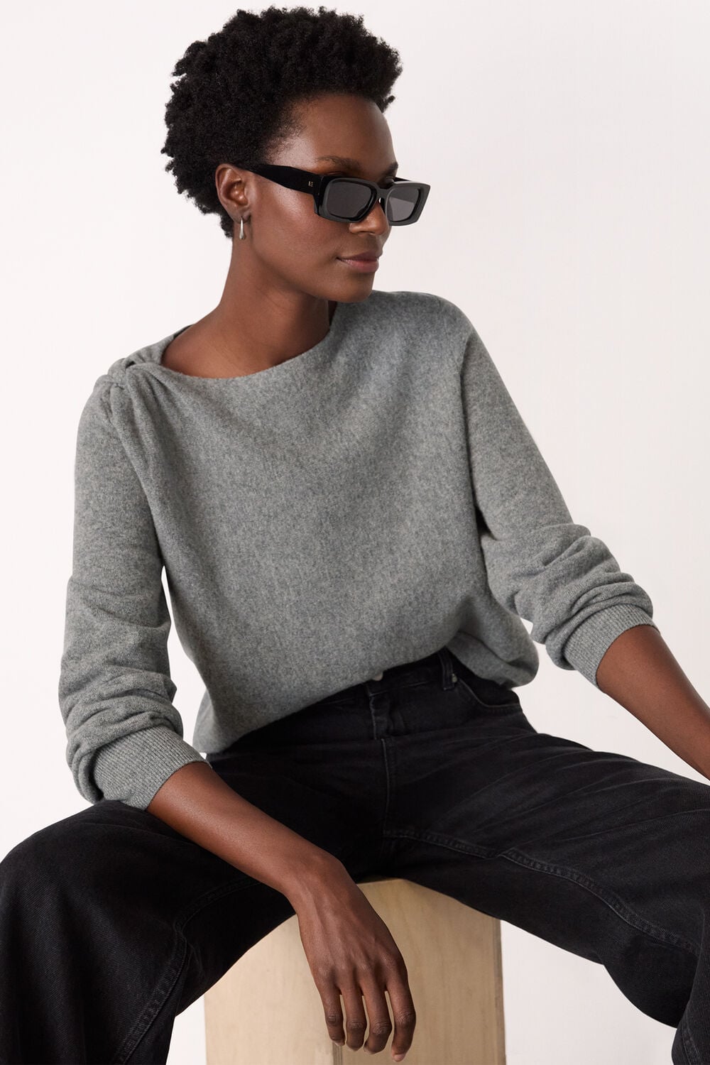 Grey Wool Twist Front Detail Knit