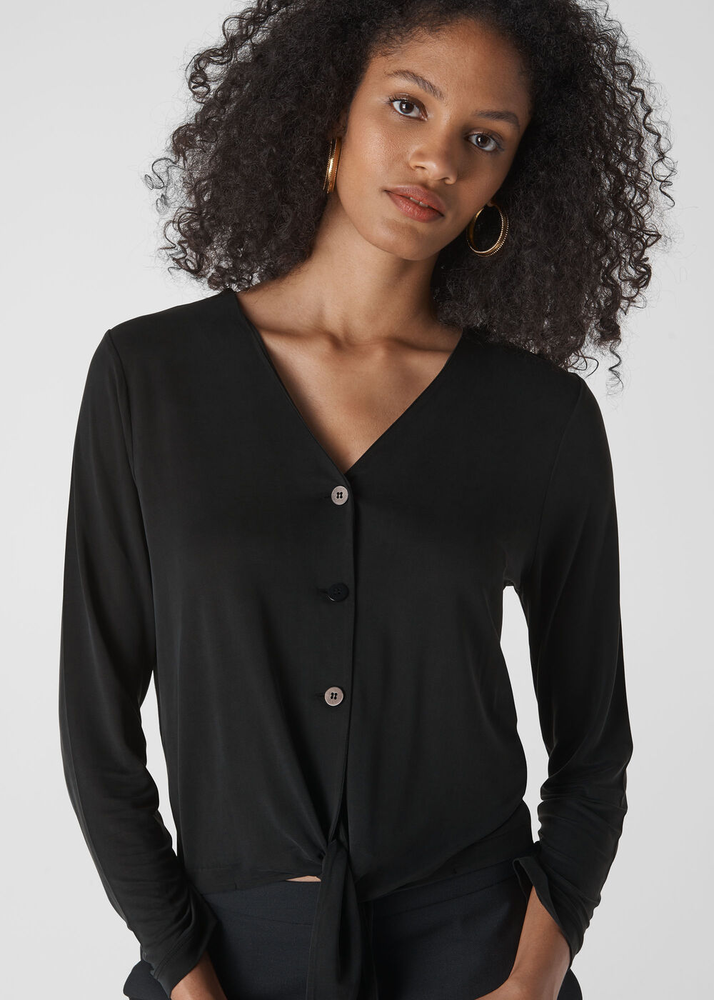 Cupro Button Tie Front Top Black