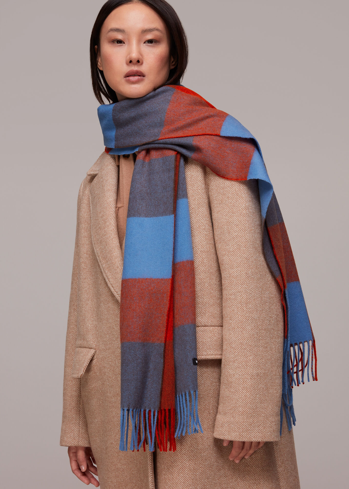 Multicolour Checked Fringed Wool Scarf WHISTLES