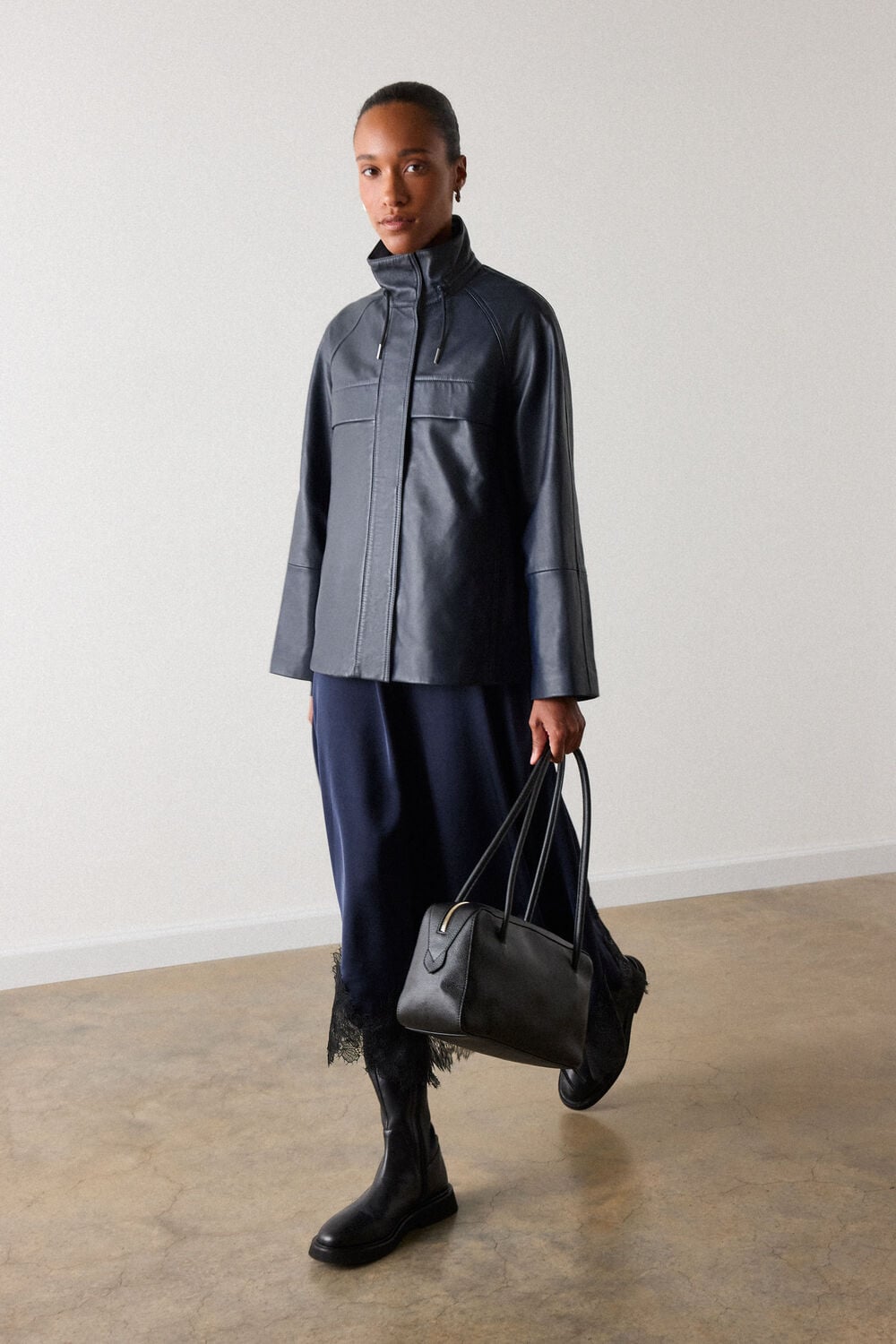 Navy Leather Funnel Neck Anorak