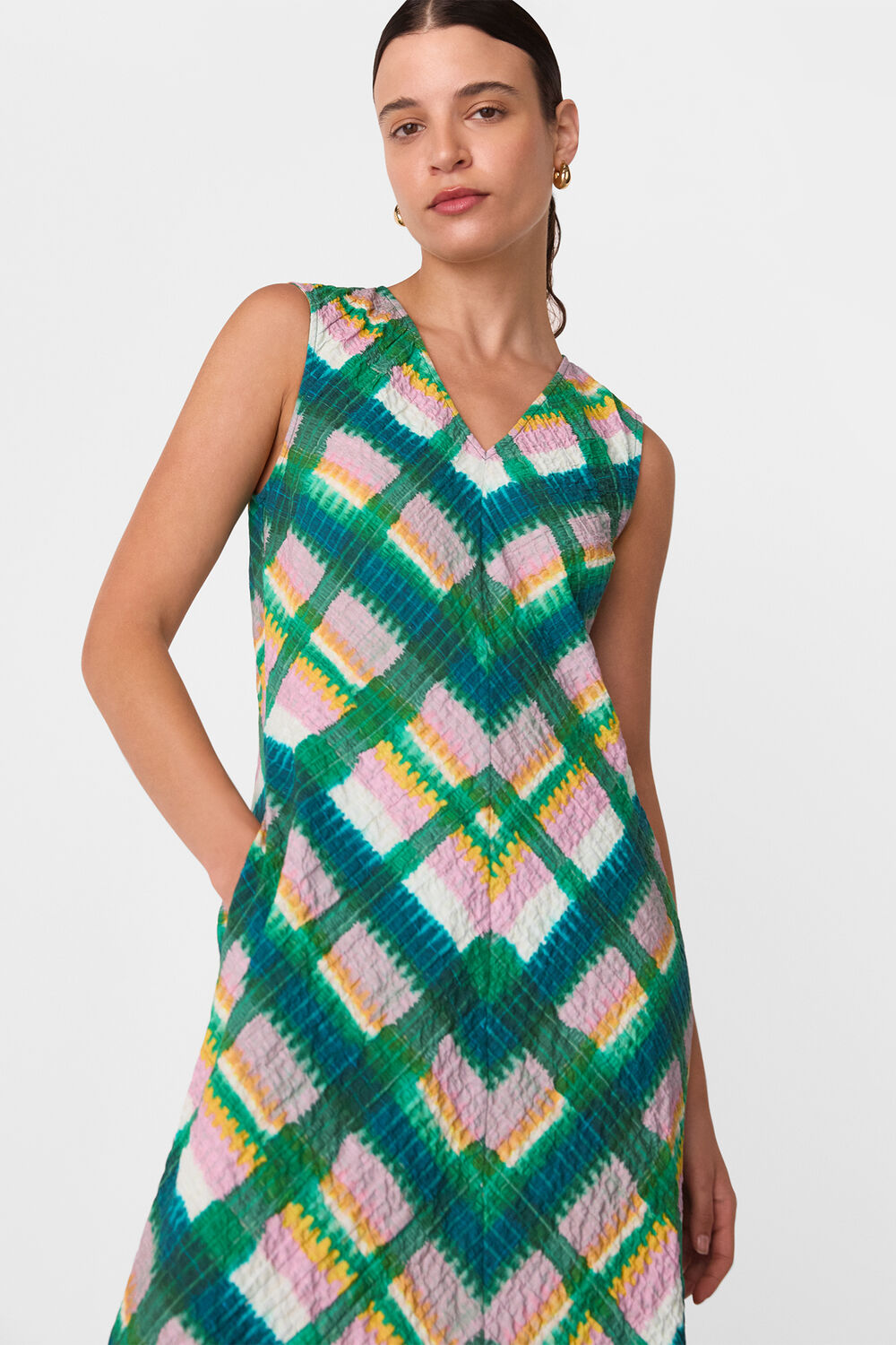 Green Sleeveless Checked Dress