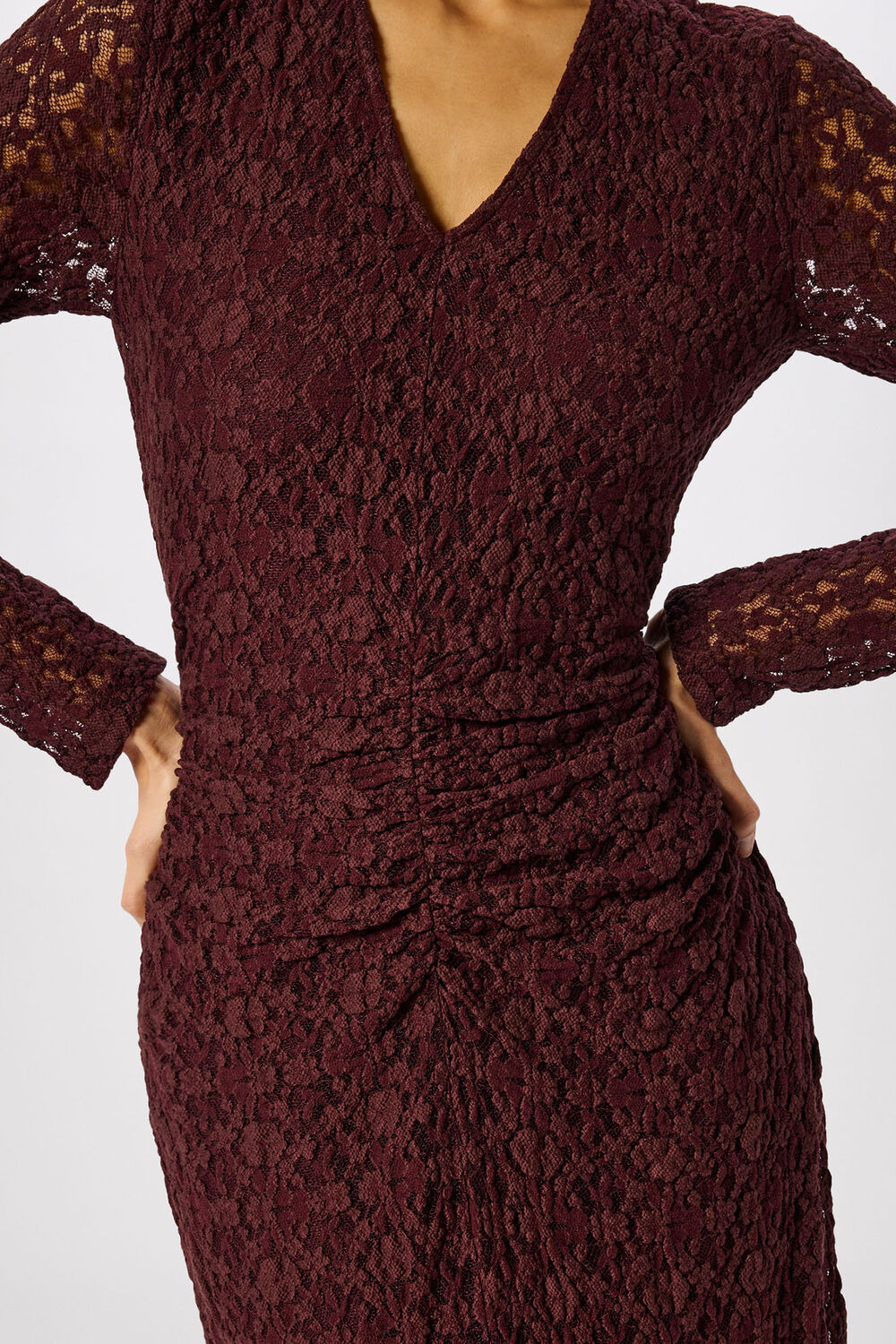 Burgundy Ruched Bodice Lace Dress