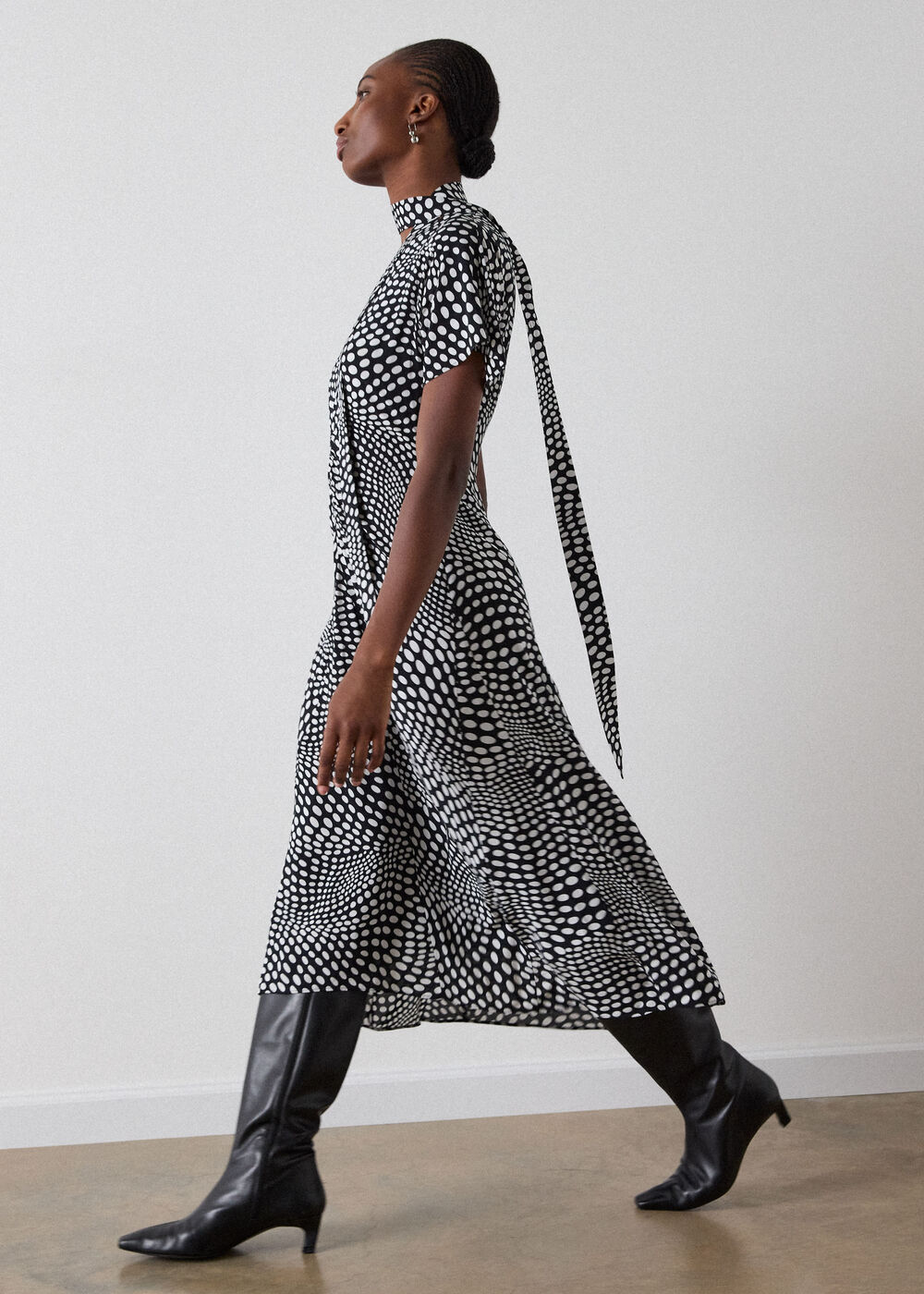 Mixed Spot V Neck Midi Dress