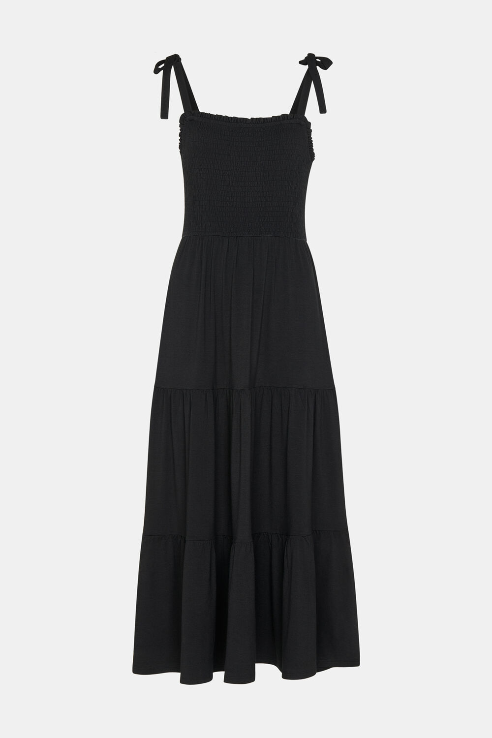 Black Smocked Tiered Jersey Dress