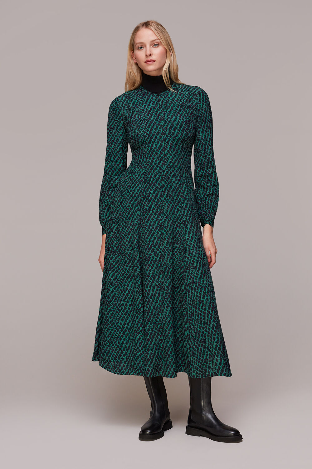 Green Brushed Geo Print Midi Dress