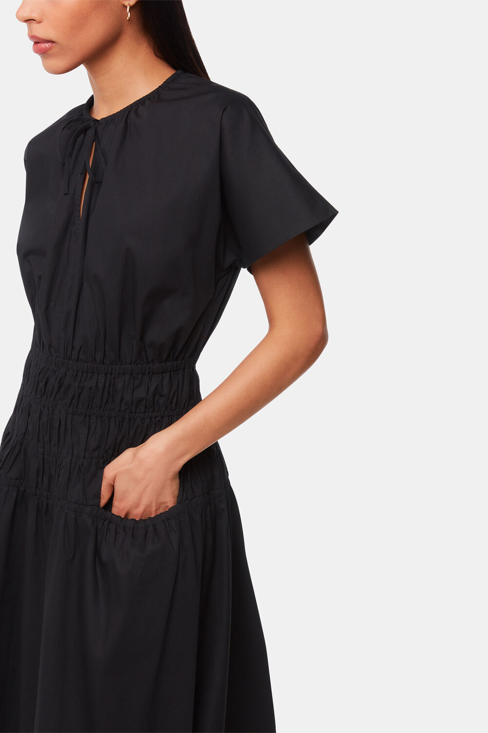 Black Poplin Shirred Dress