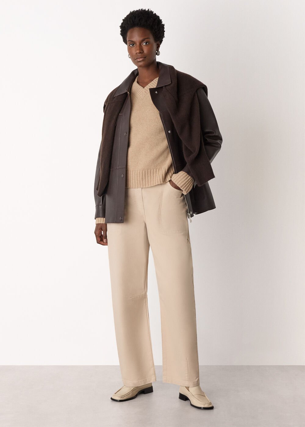 Wool Ribbed Sleeve V Neck Knit