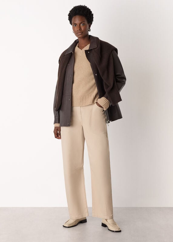 Camel Wool Ribbed Sleeve V Neck Knit