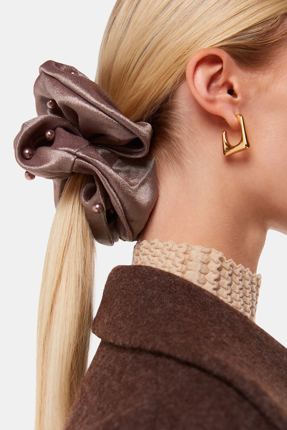 Brown Large Beaded Scrunchie
