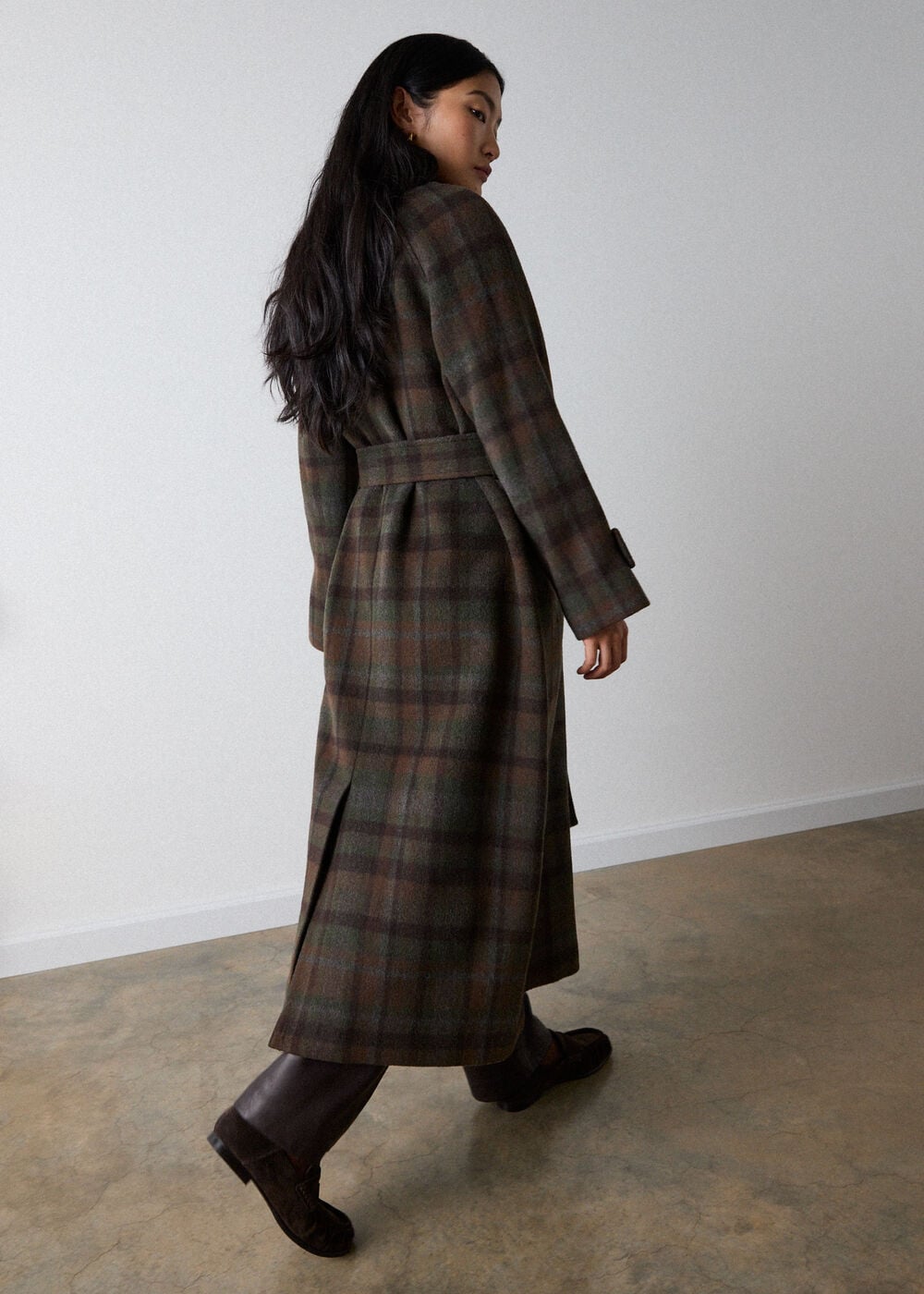 Khaki Funnel Neck Check Coat