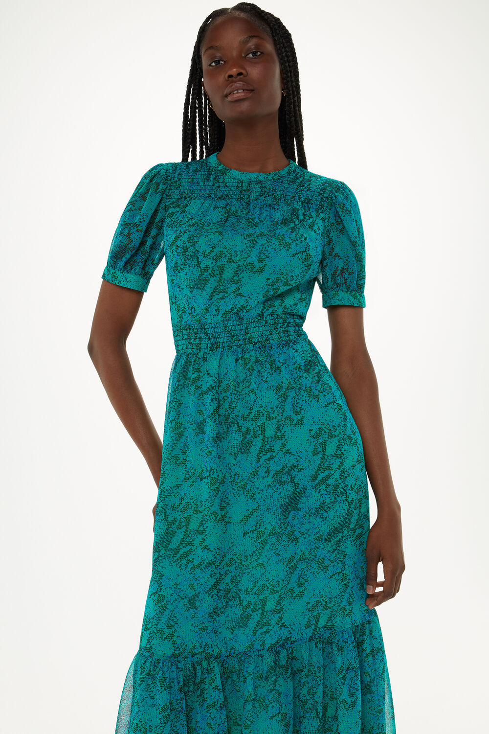 Teal Diagonal Snake Shirred Dress