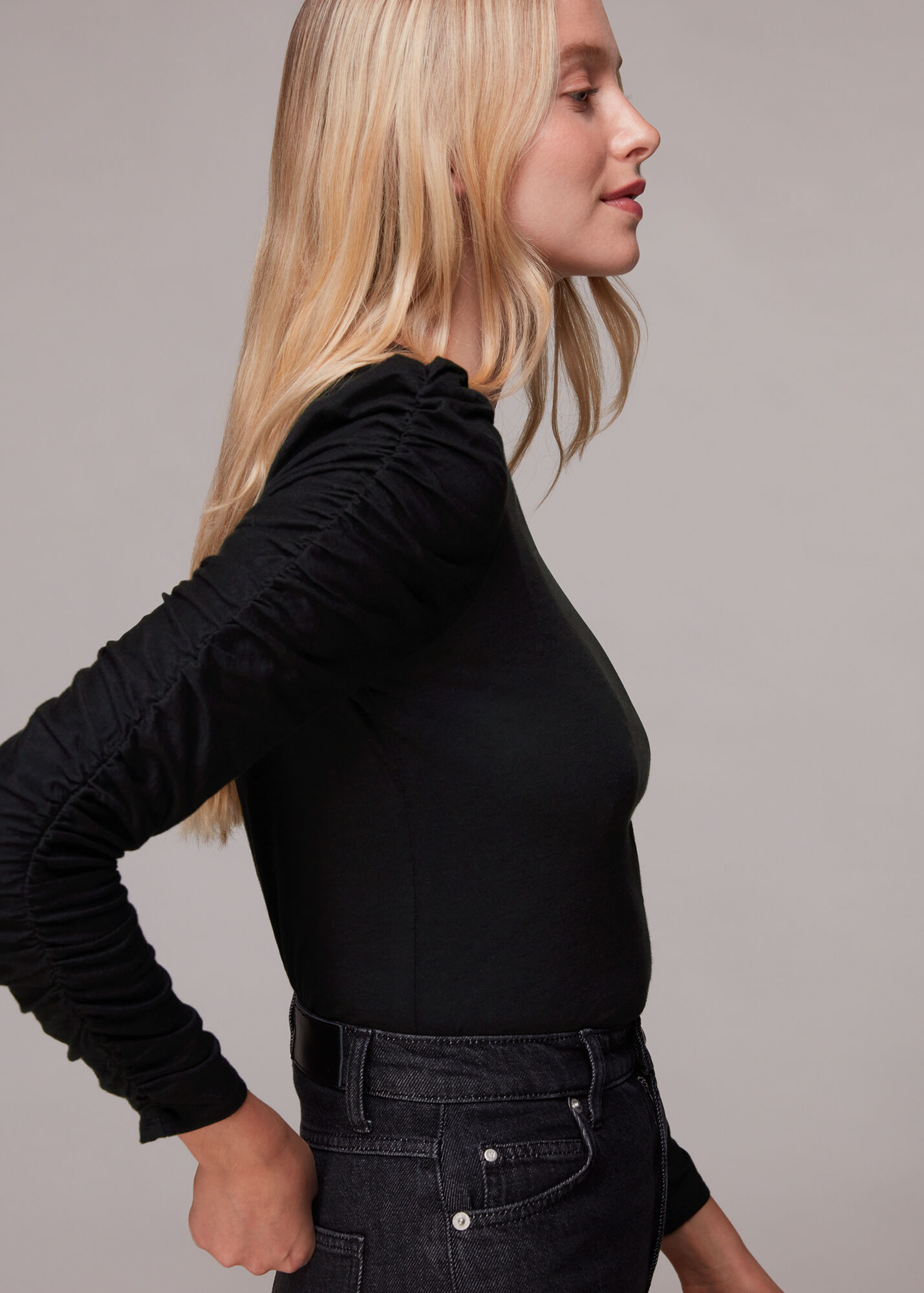 Black Ruched Sleeve Top | WHISTLES