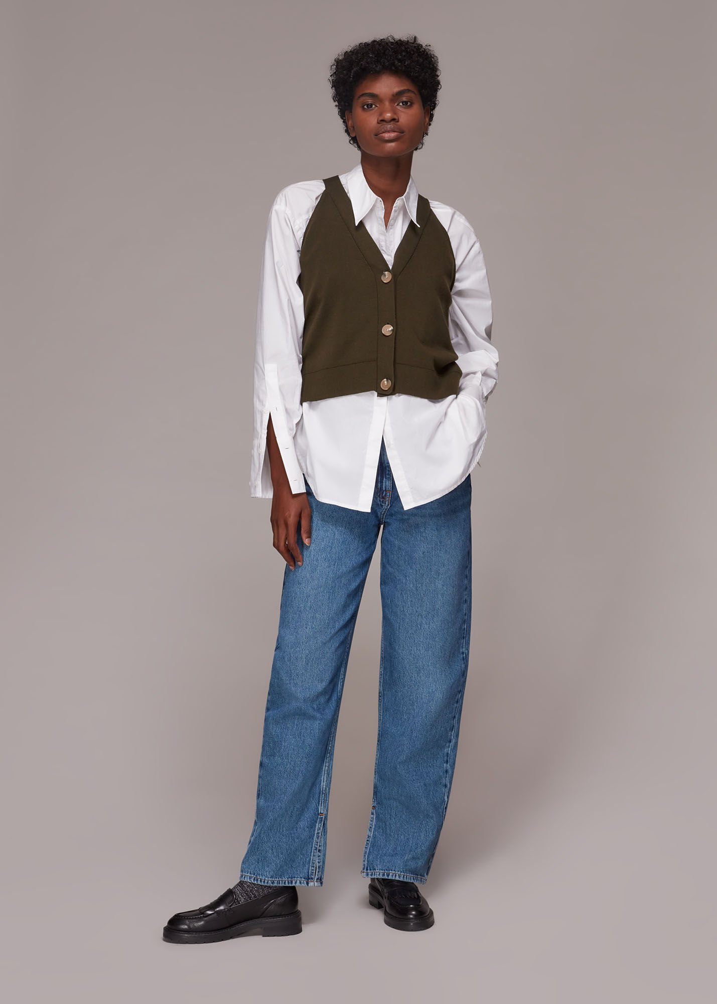 Khaki Knitted Button Through Vest WHISTLES