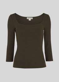 Square Neck Ribbed Top Khaki
