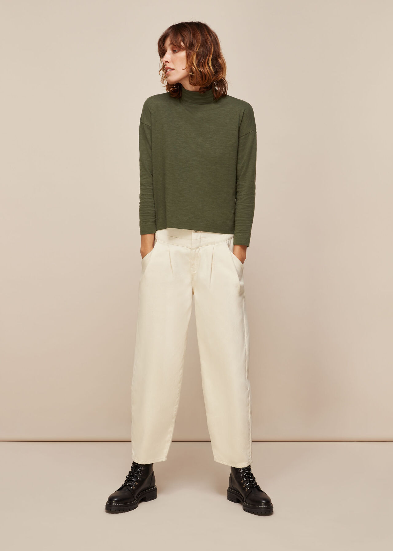 Khaki Tort Ring Linen Top, WHISTLES