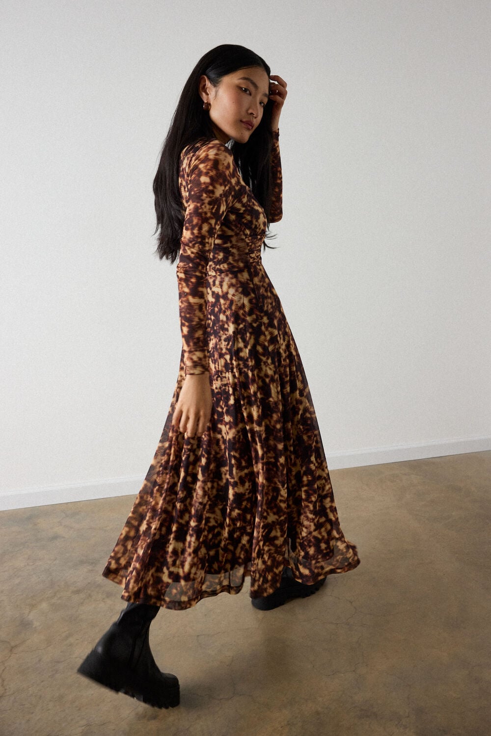 Brown Petite Abstract Animal Mesh Dress