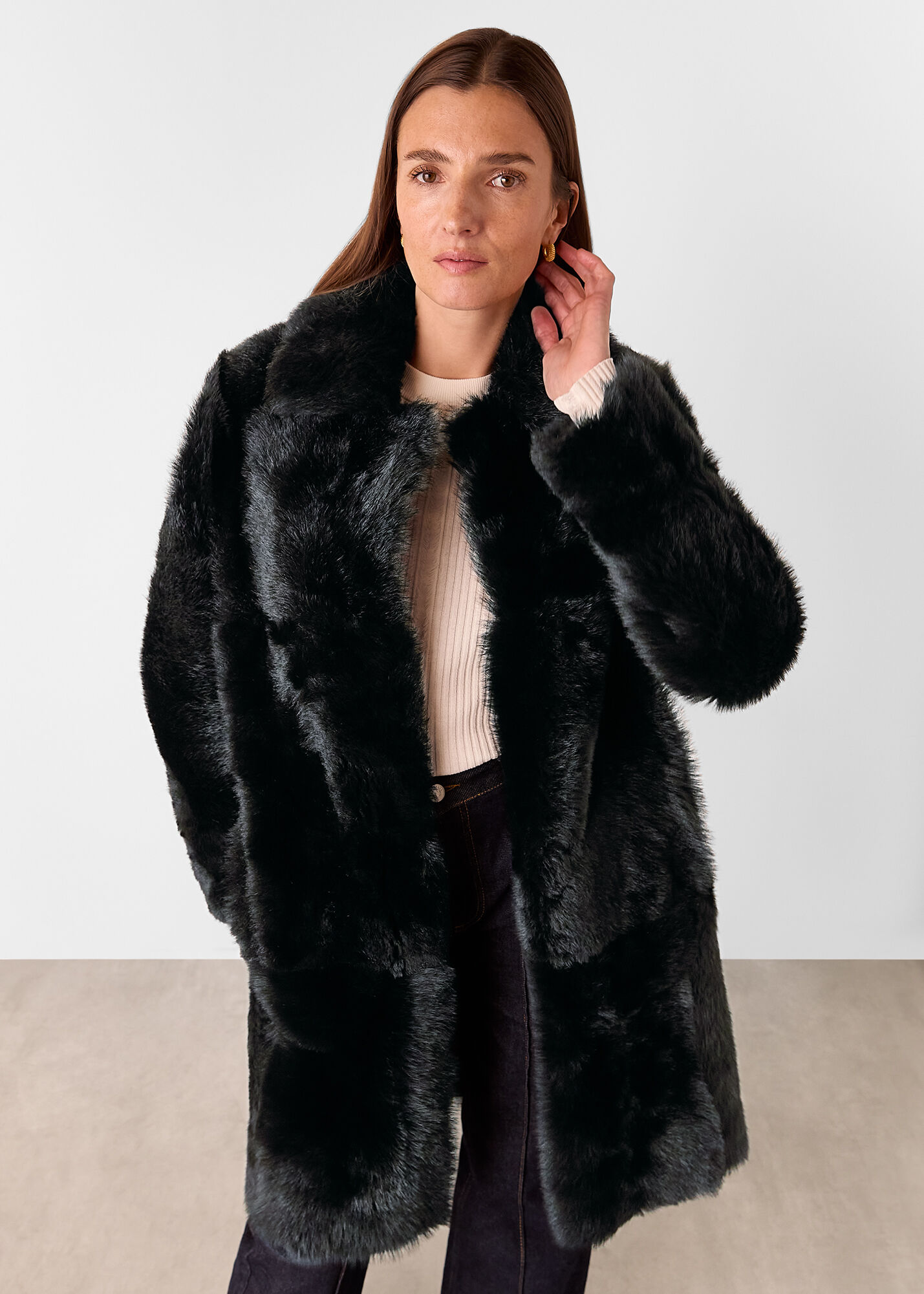 Black Odette Long Shearling Coat | WHISTLES | Whistles US |