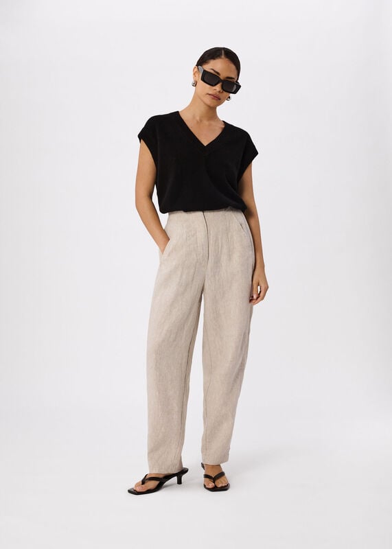 Oatmeal Petite Linen Barrel Leg Trouser