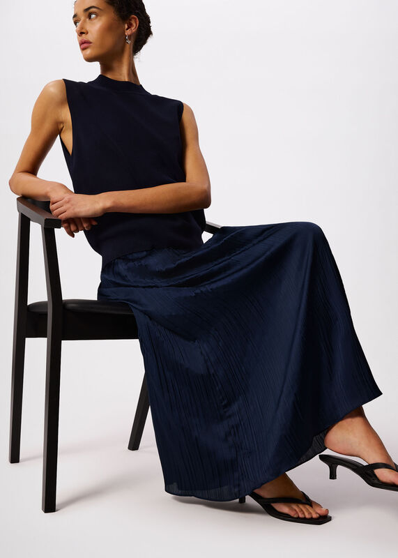 Navy Plisse Column Midi Skirt