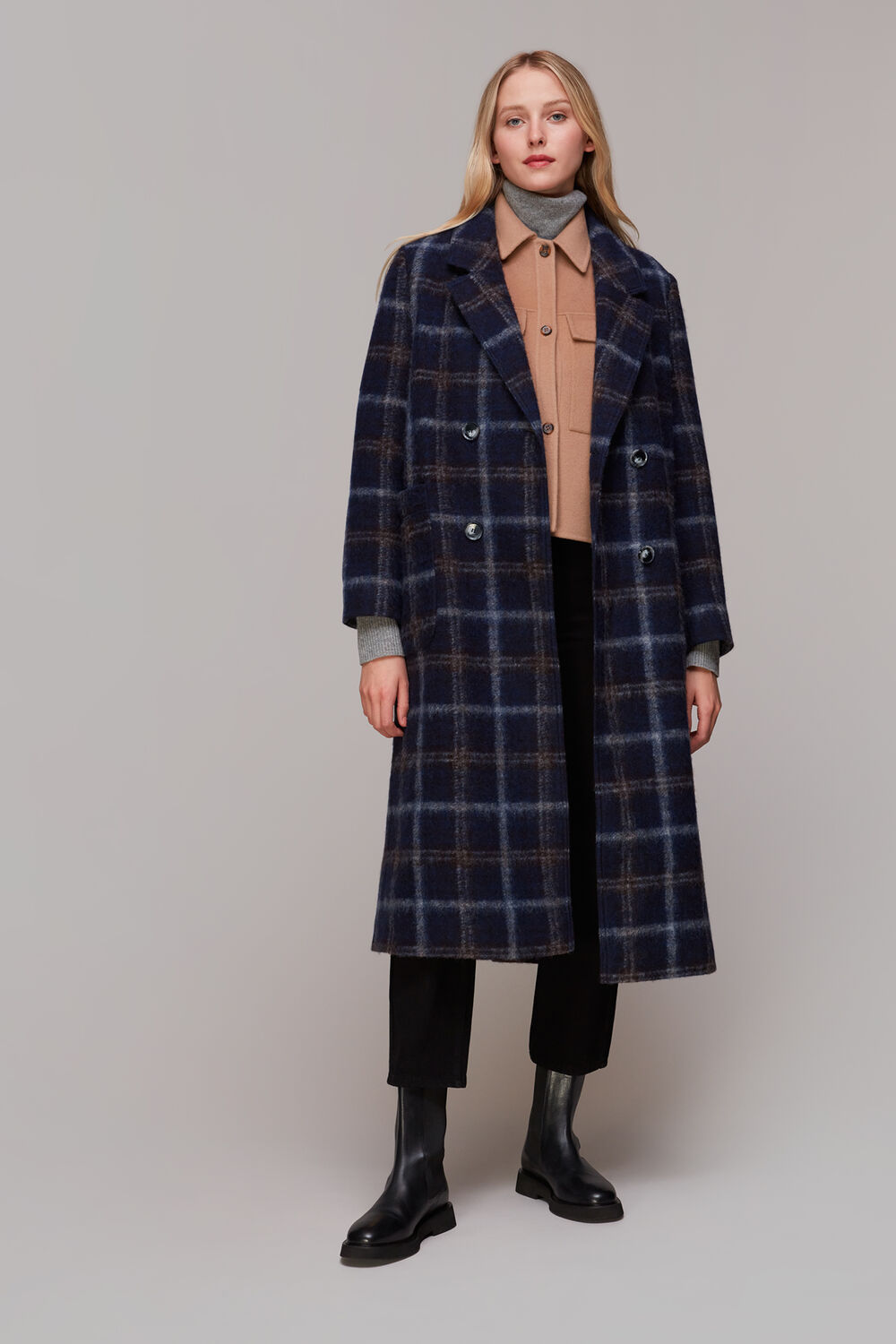 Navy Wool Double Breast Check Coat