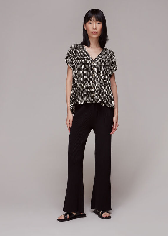 Black Spotted Check Peplum Top