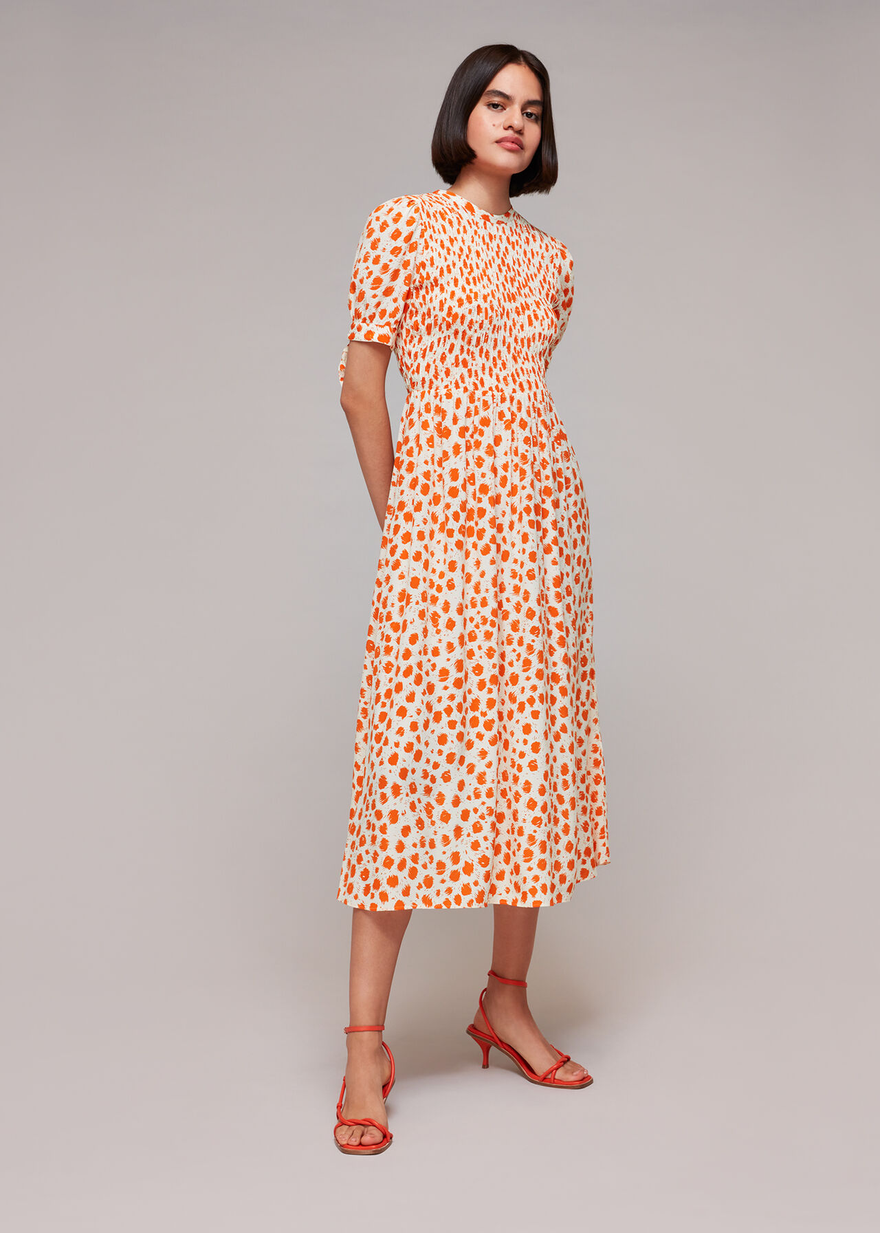 Orange/Multi Spot Shirred Midi Dress | WHISTLES | Whistles ROW
