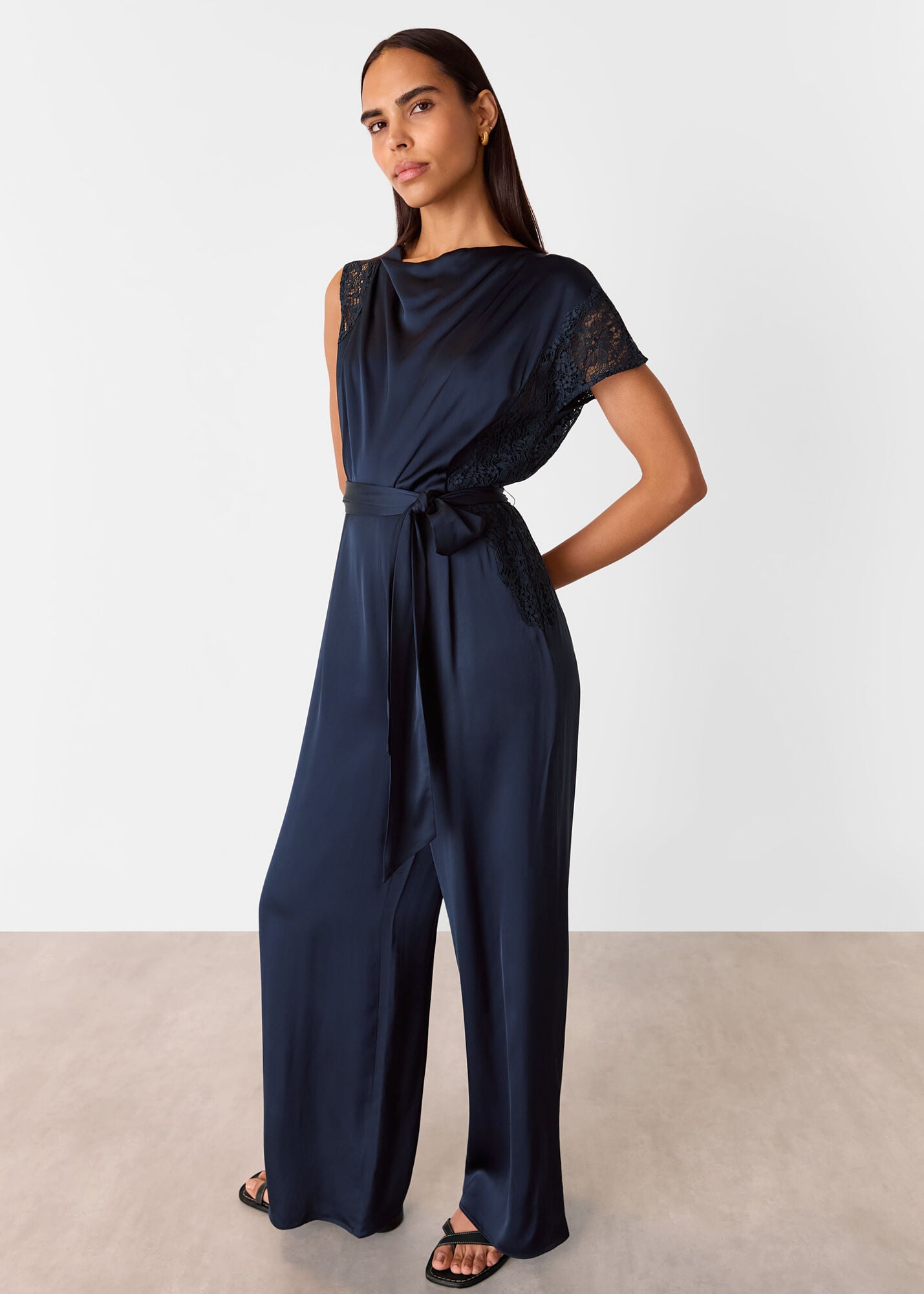 Navy Satin Lace Occasion Jumpsuit | WHISTLES | Whistles US |