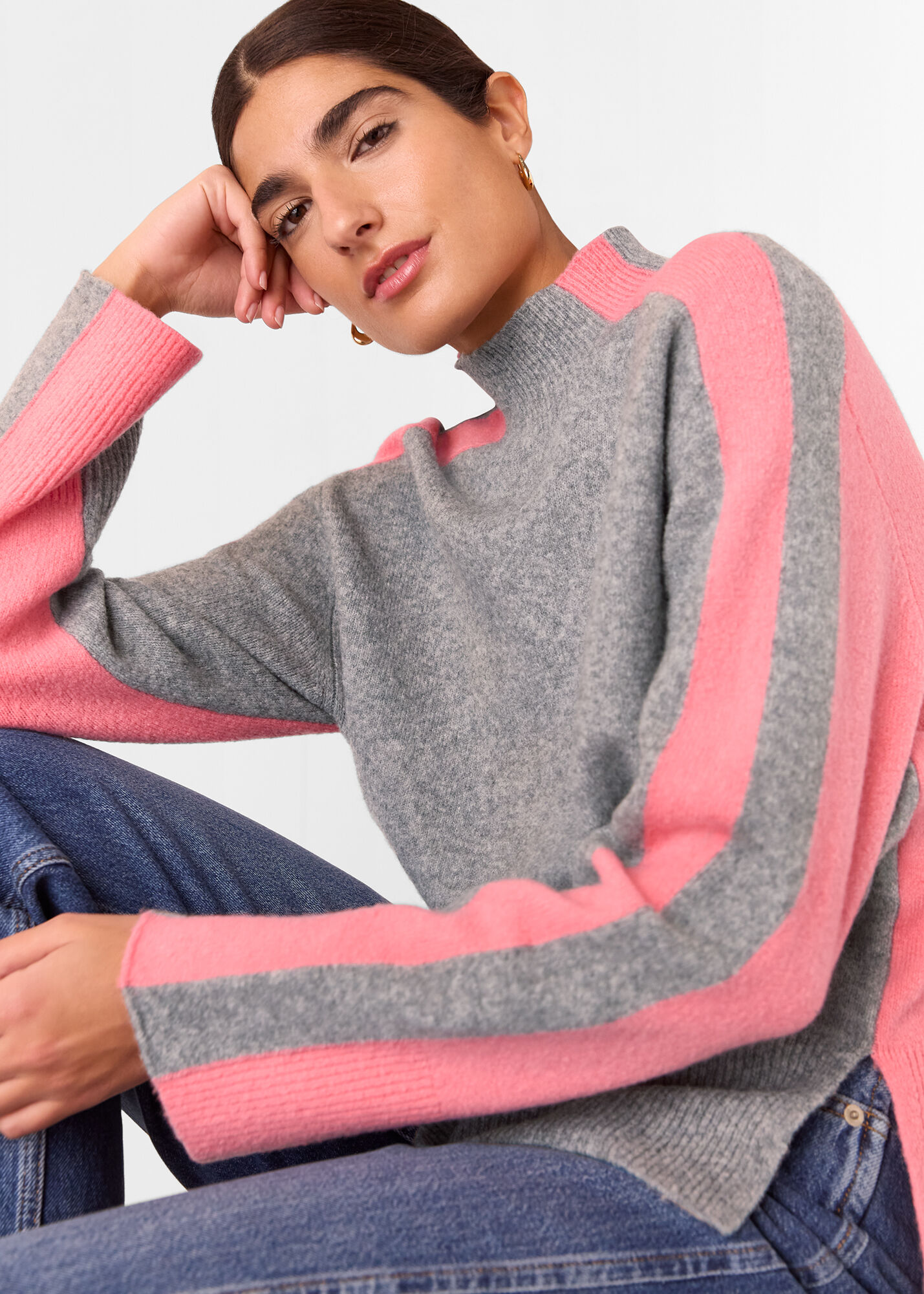 Women's Gray & Pink Color Block Wool Mix Sweater | Whistles US |