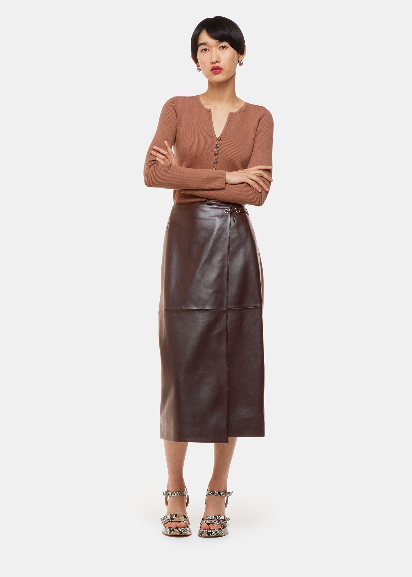 Chocolate Josie Wrap Leather Skirt | WHISTLES | Whistles US |