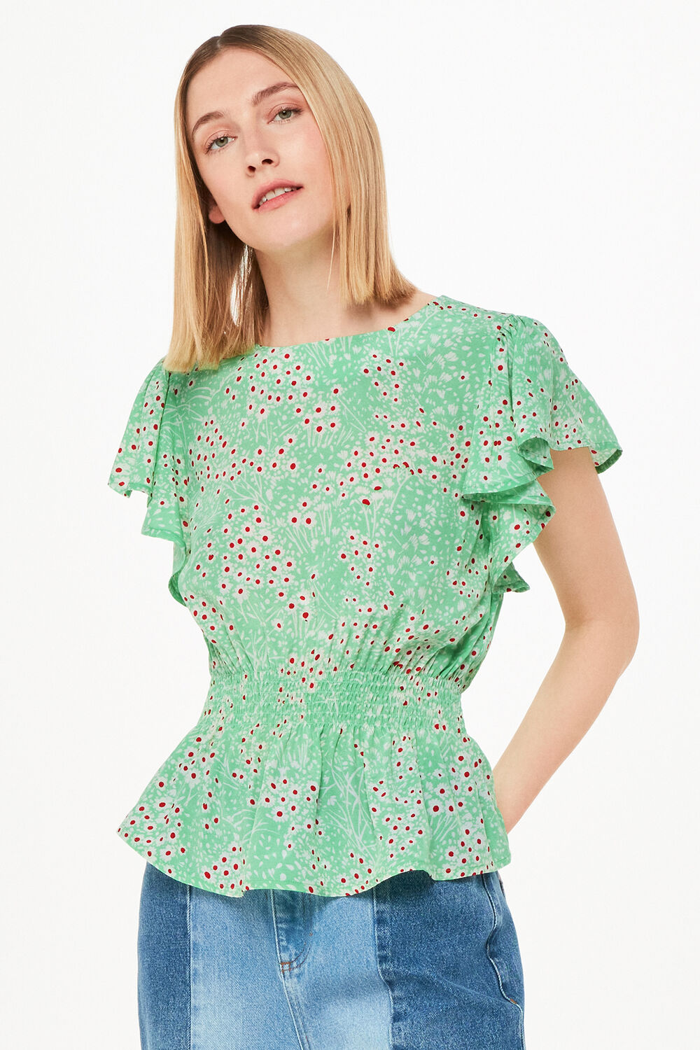 Green Daisy Meadow Frill Sleeve Top