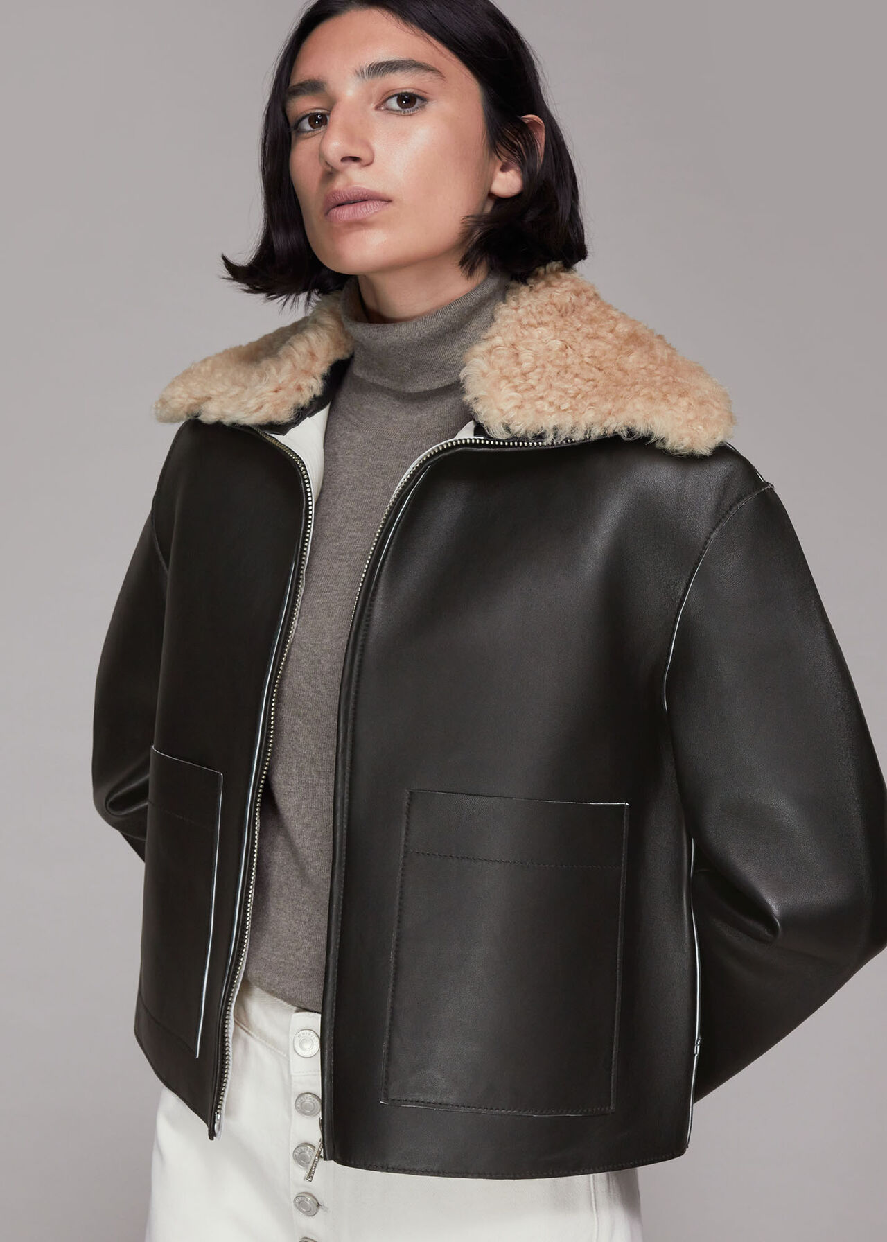 Black Bonded Shearling Collar Jacket, WHISTLES