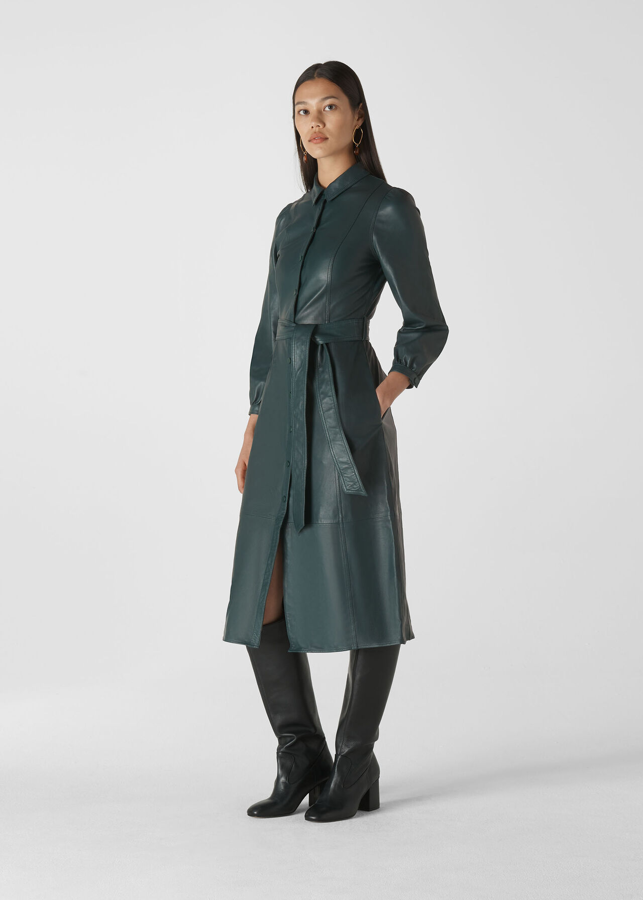 Phoebe Leather Shirt Dress Green