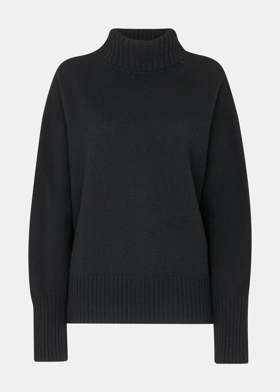 Black Wool Split Back Roll Neck