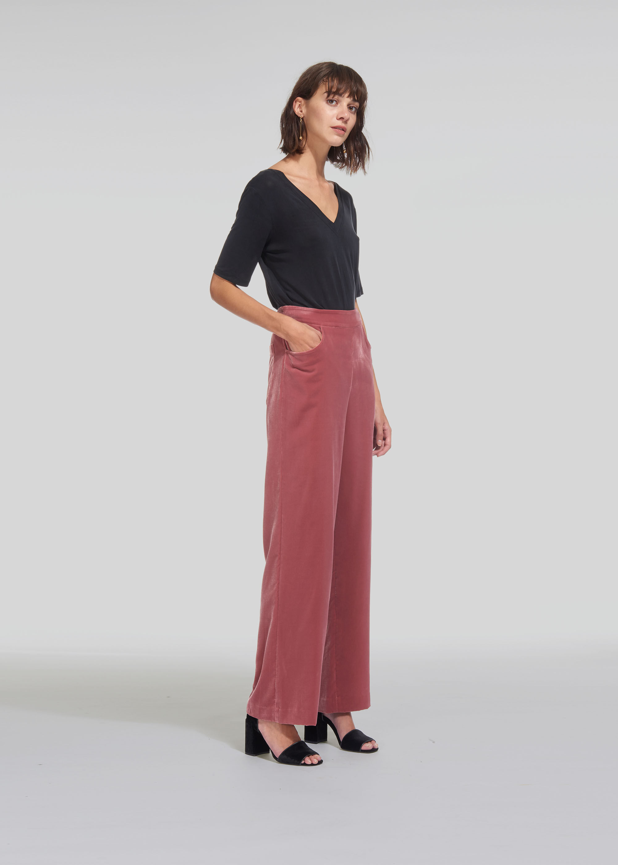 Yasmin Devonport Black Velvet Wide Leg Trousers  In The Style