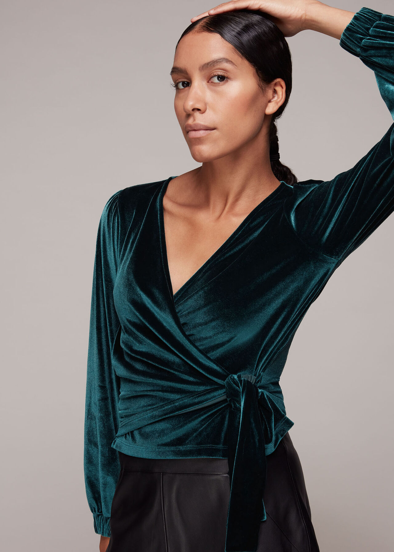 Green Velvet V Neck Wrap Top | WHISTLES