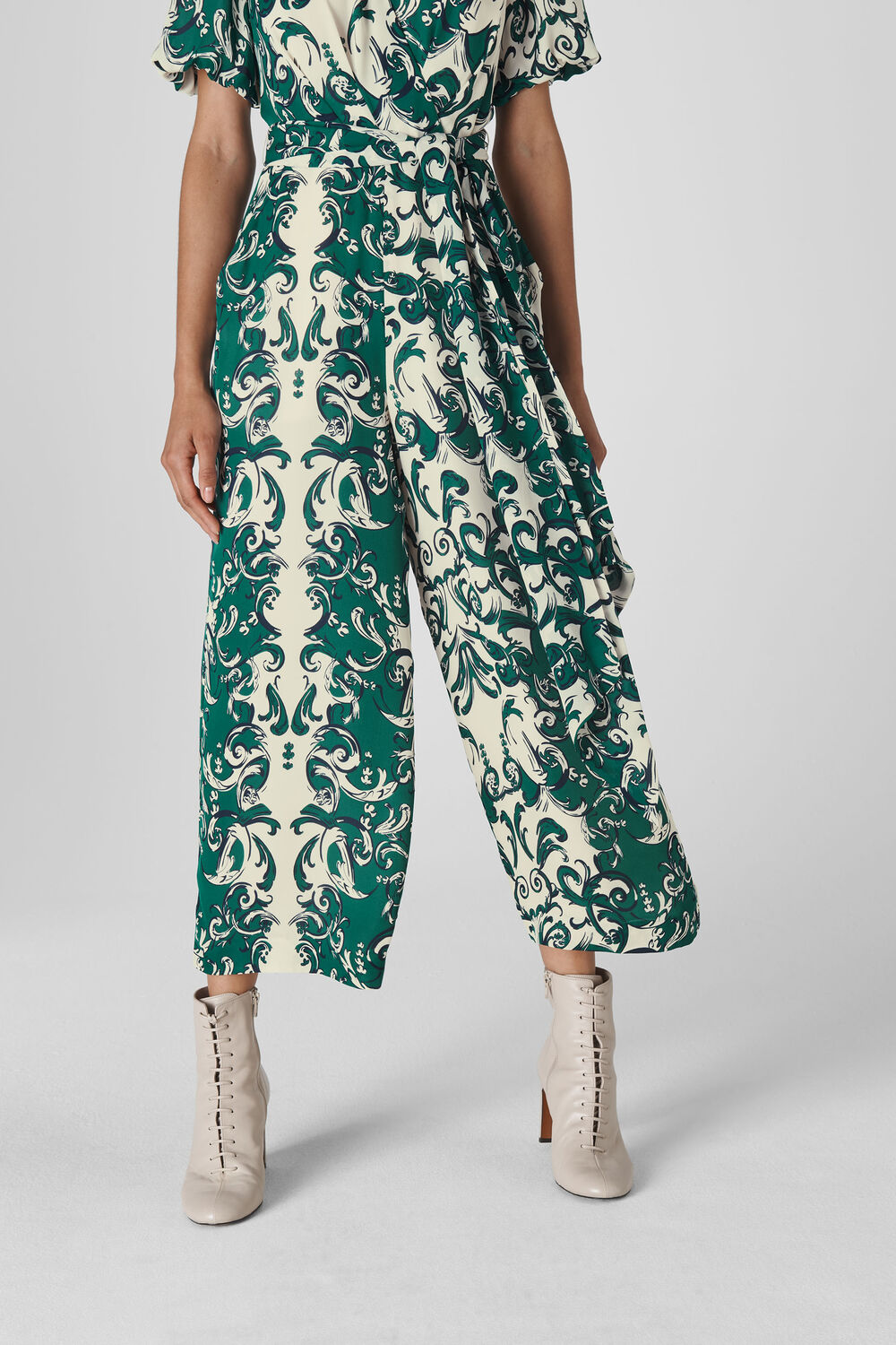Baroque Print Silk Jumpsuit Green/Multi