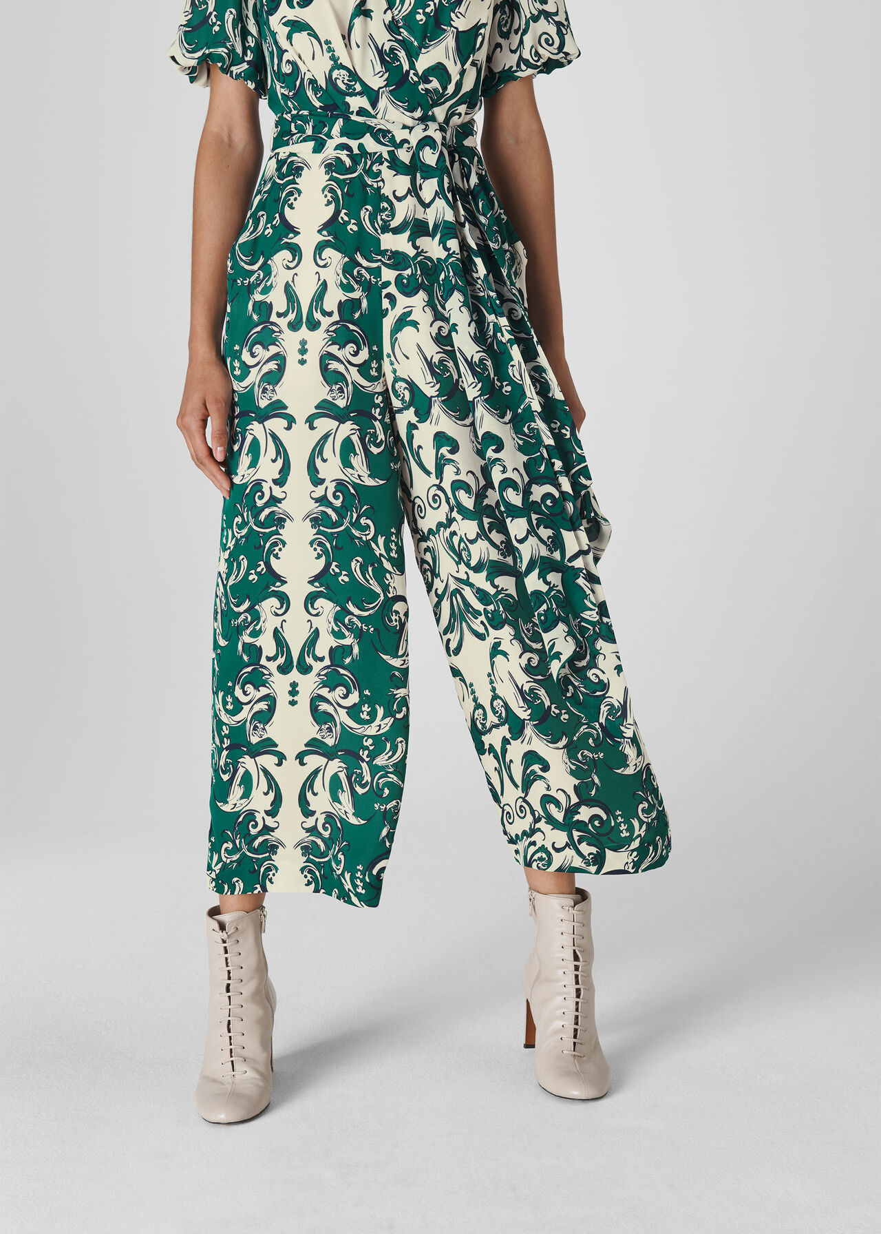 Baroque Print Silk Jumpsuit Green/Multi