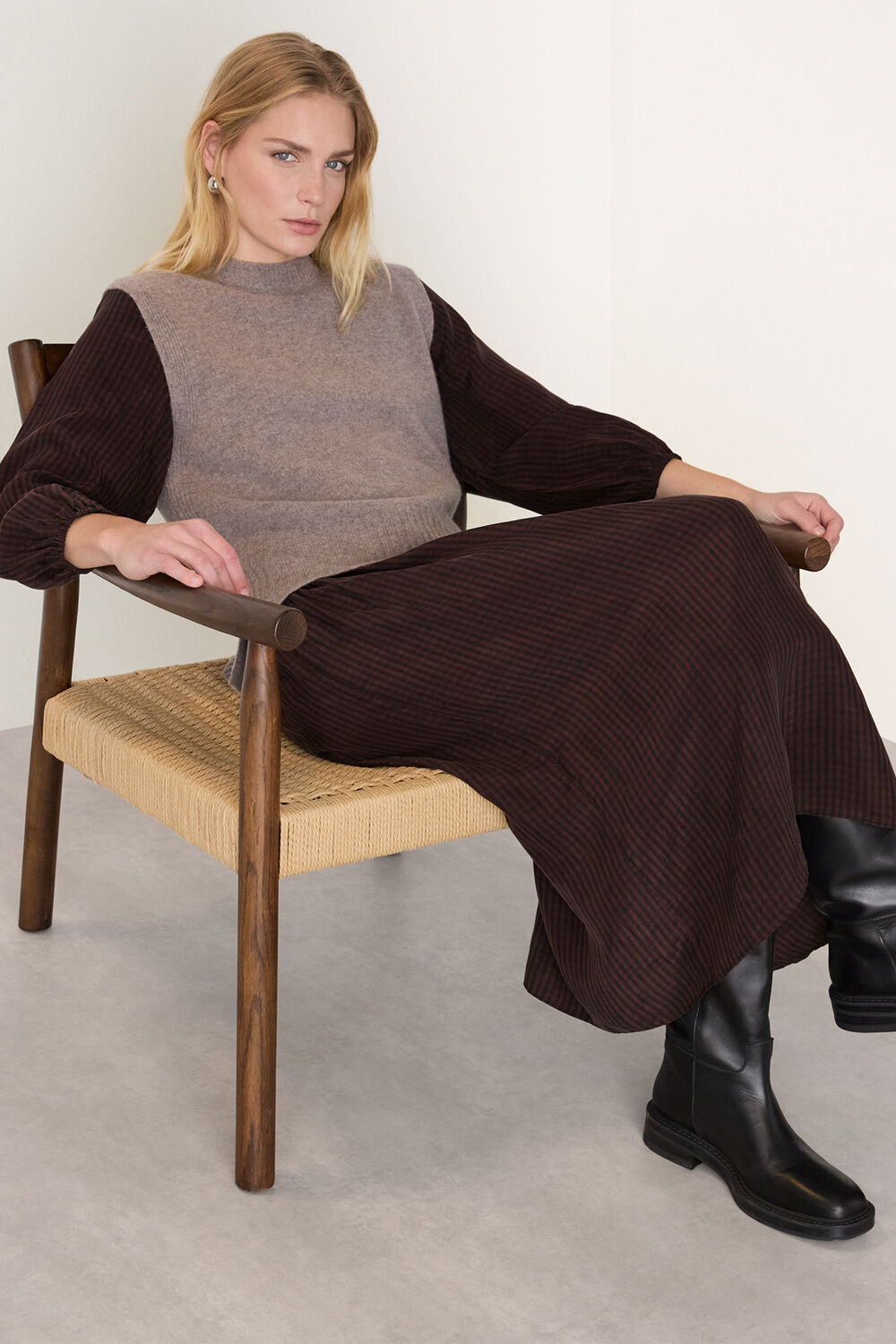 Brown Checked Shirred Dress