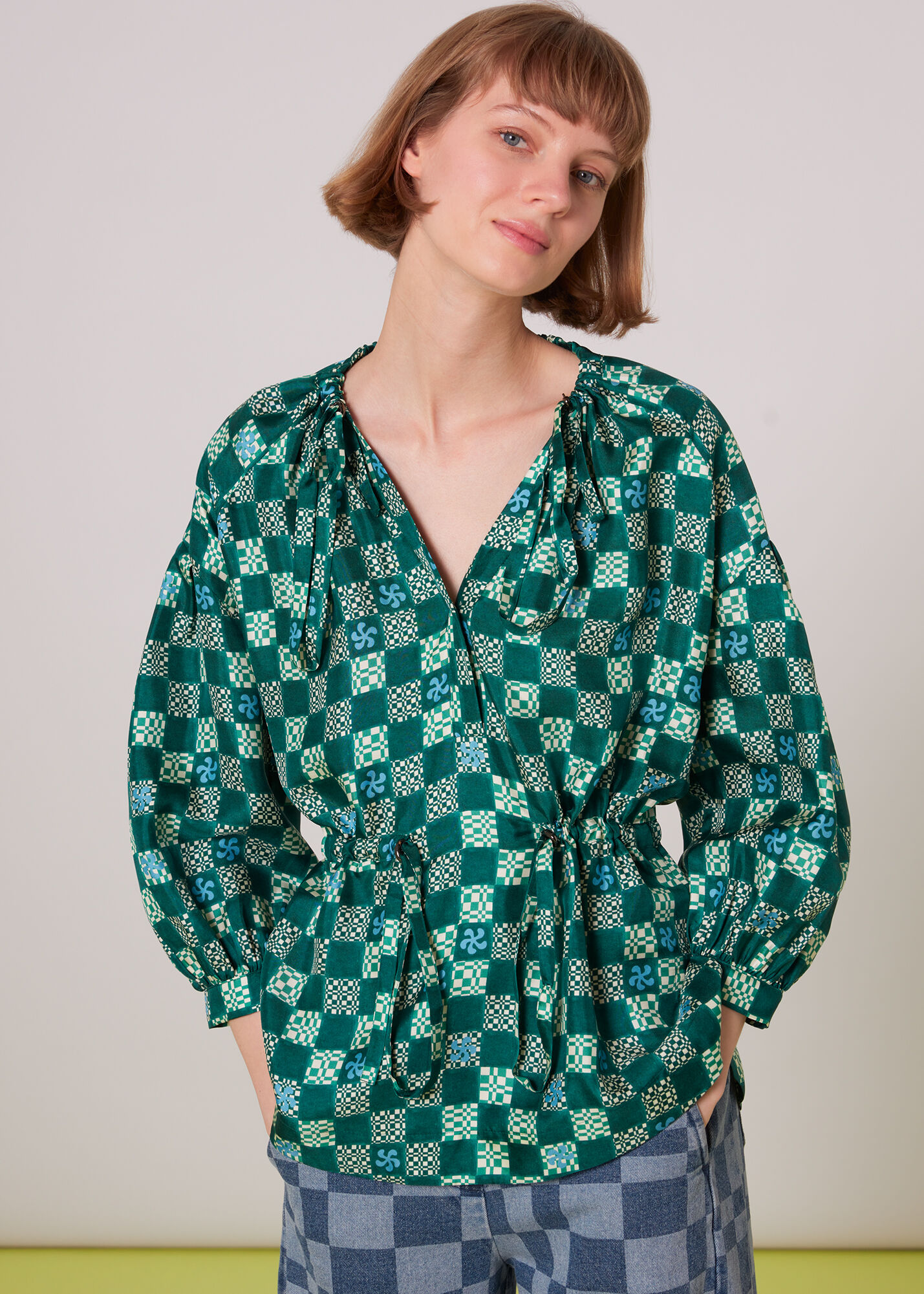 Green/Multi Silk Checkerboard Top | WHISTLES | Whistles UK |