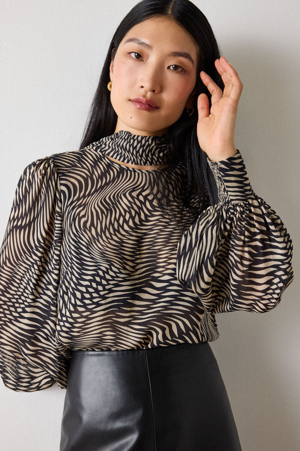 Black Geo Sheer Viscose Cuffed Top