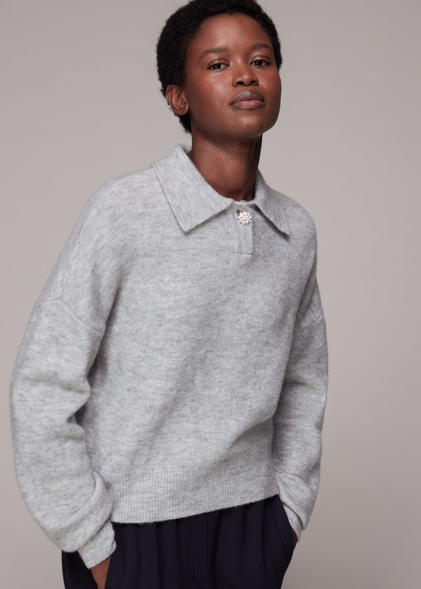 Grey Jewel Button Collar Sweater WHISTLES
