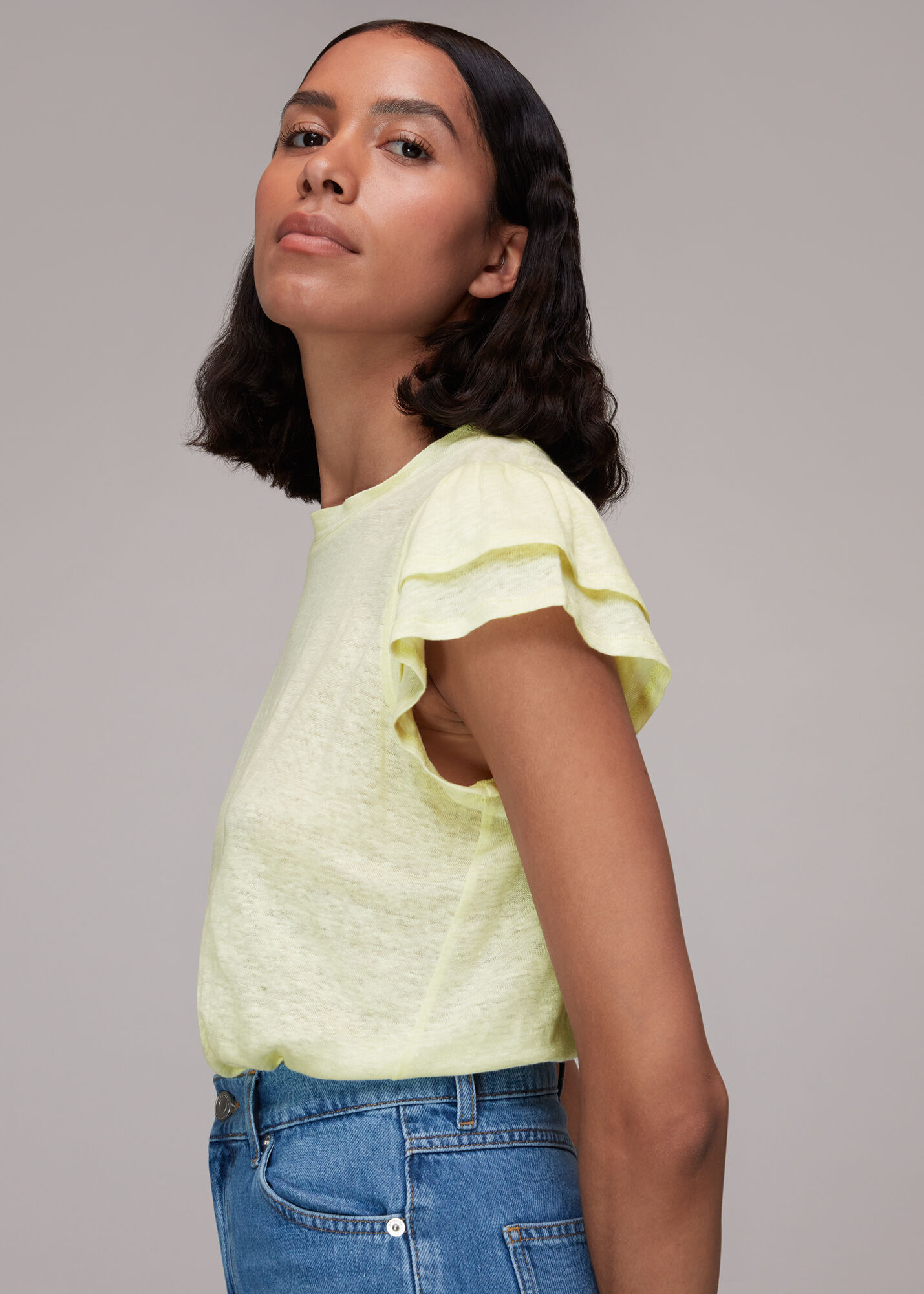Yellow Laura Linen Frill Sleeve Top | WHISTLES
