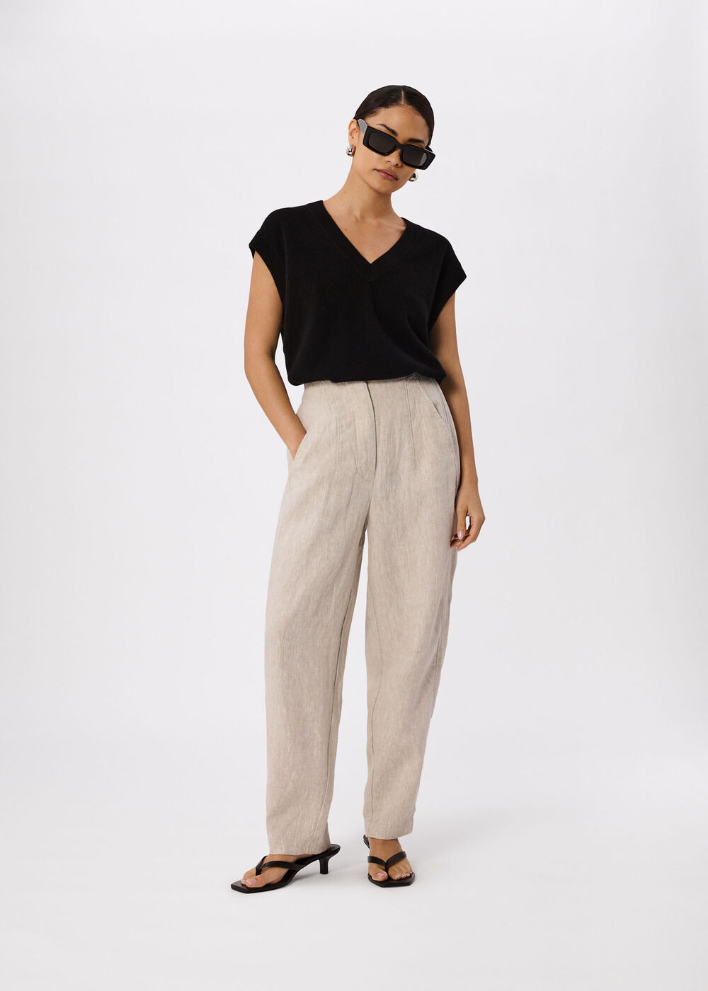 Petite Linen Barrel Leg Trouser