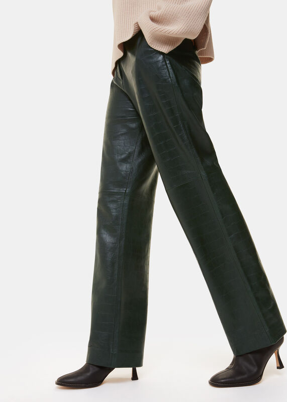 Dark Green Delia Croc Leather Pants 