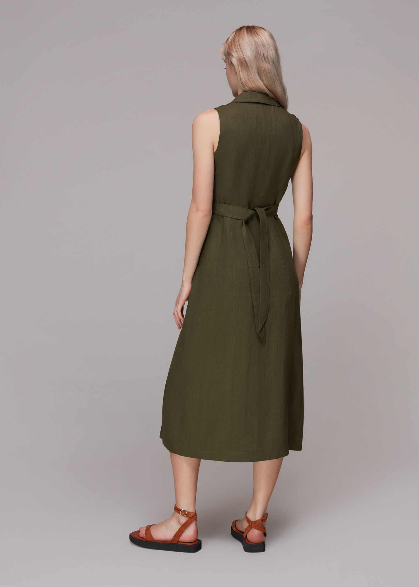 Khaki Molly Linen Midi Dress WHISTLES Whistles