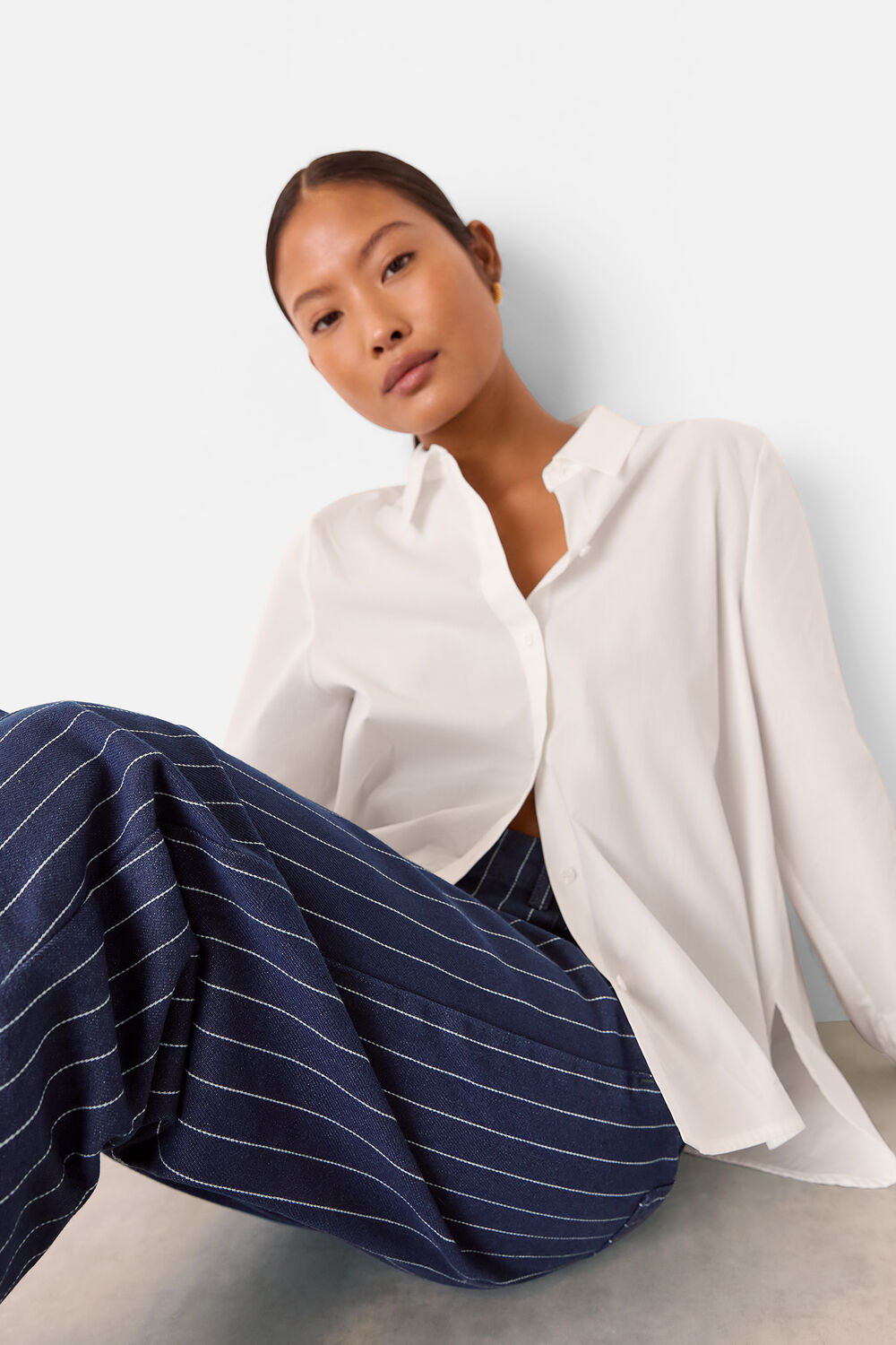 Navy Petite Pinstripe Barrel Leg Jean