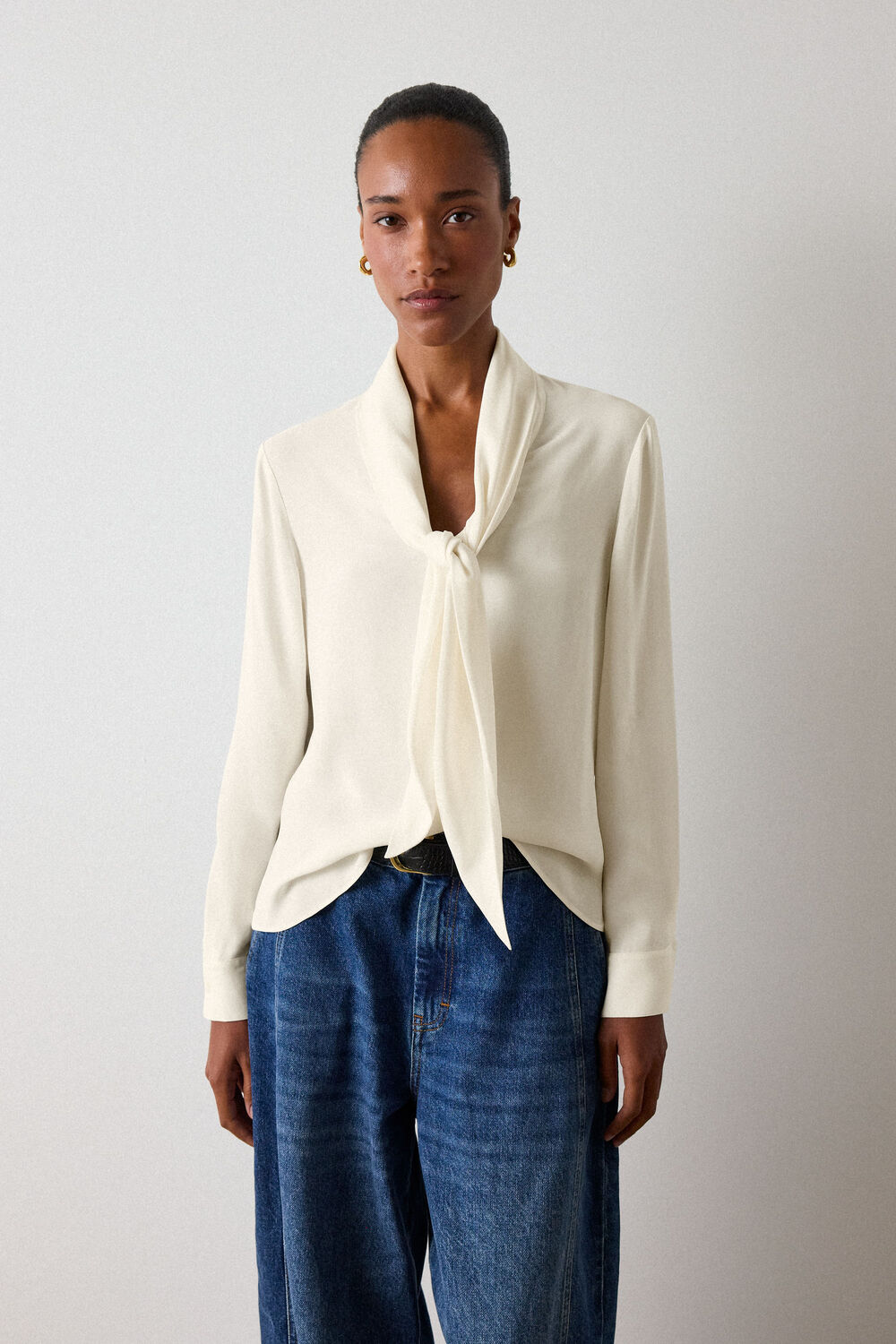 Ivory Tie Viscose Crepe Blouse