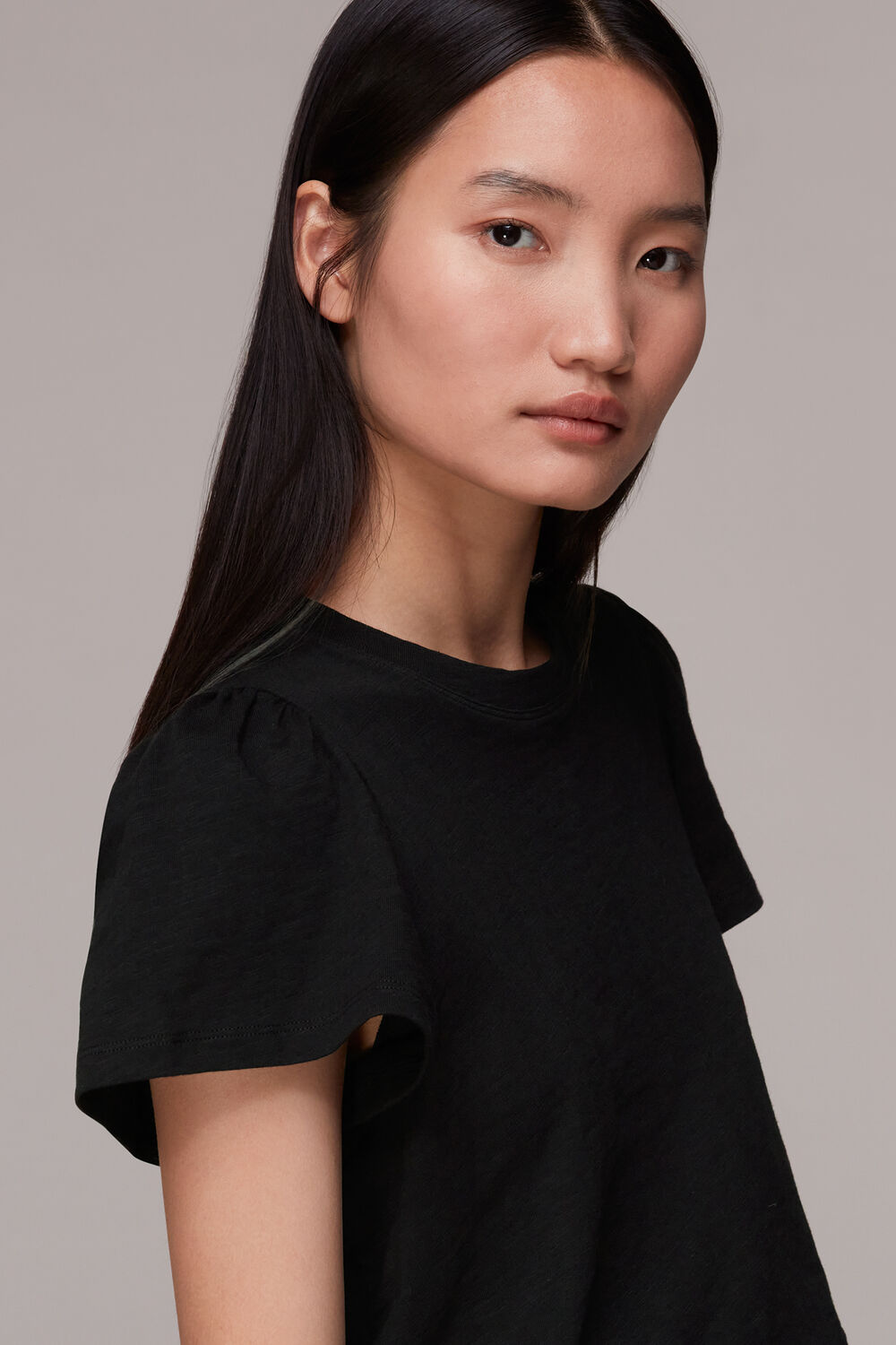 Black Cotton Frill Sleeve T Shirt