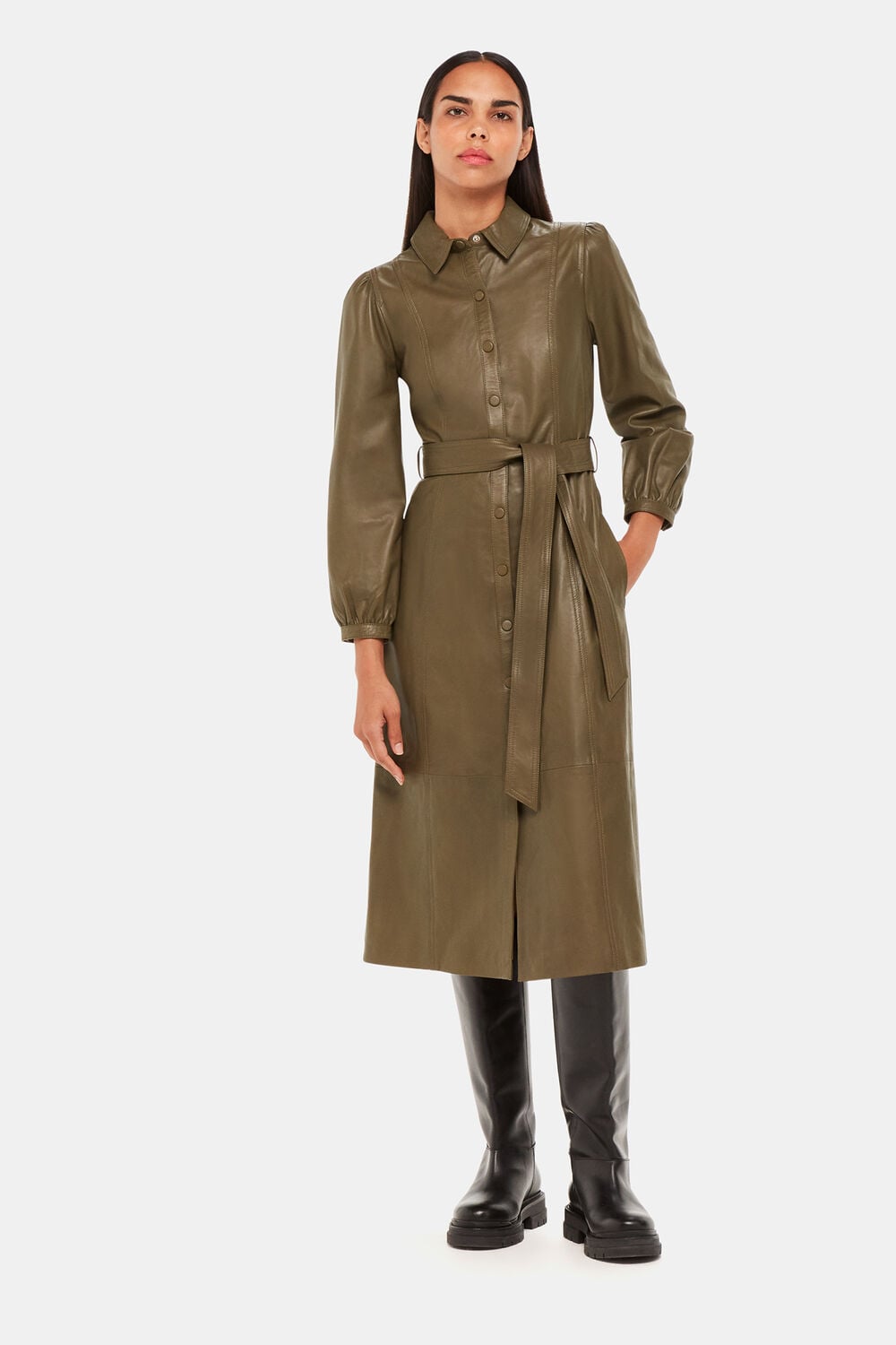 Phoebe Leather Shirt Dress Khaki