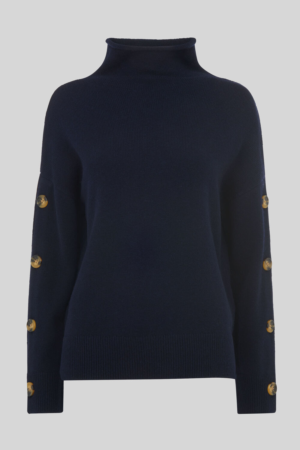 Button Sleeve Funnel Neck Knit Navy